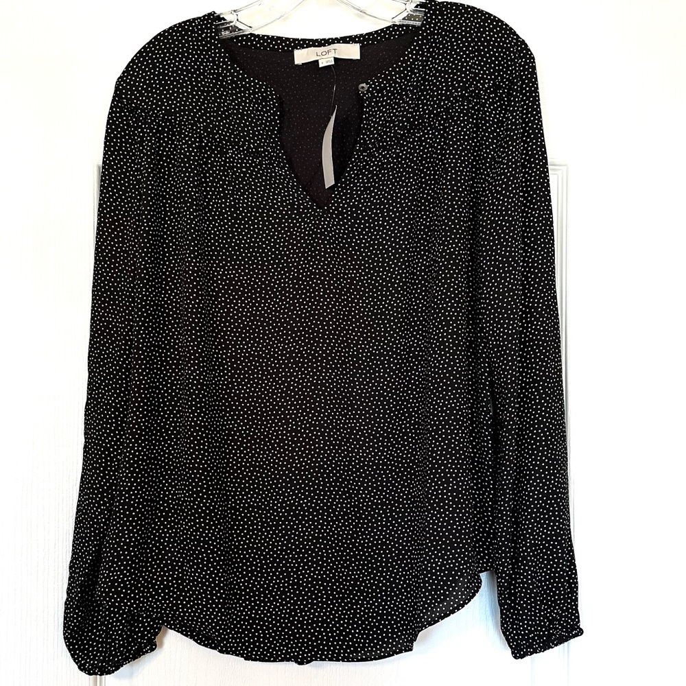 LOFT Black White Dots Split Neck Top Size S NWT